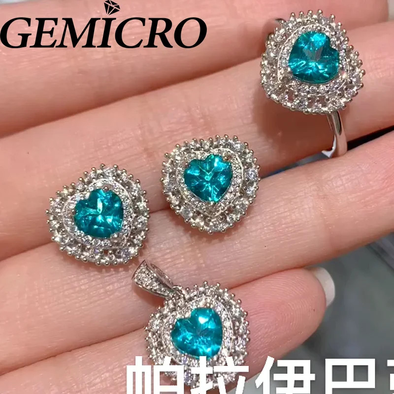 

Gemicro S925 Silver 6mm Heart Natural Paraiba Blue Color Topaz Ring Pendant Earrings for Women Fine Jewelry Gifts