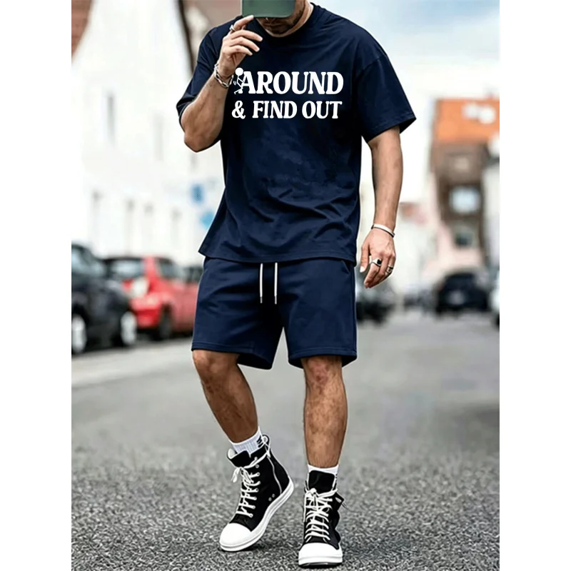 

Men's "Around & Find Out" Print T-Shirt & Mesh Shorts Set, Casual 2-Piece Outfit, Summer Streetwear, EU Size Available