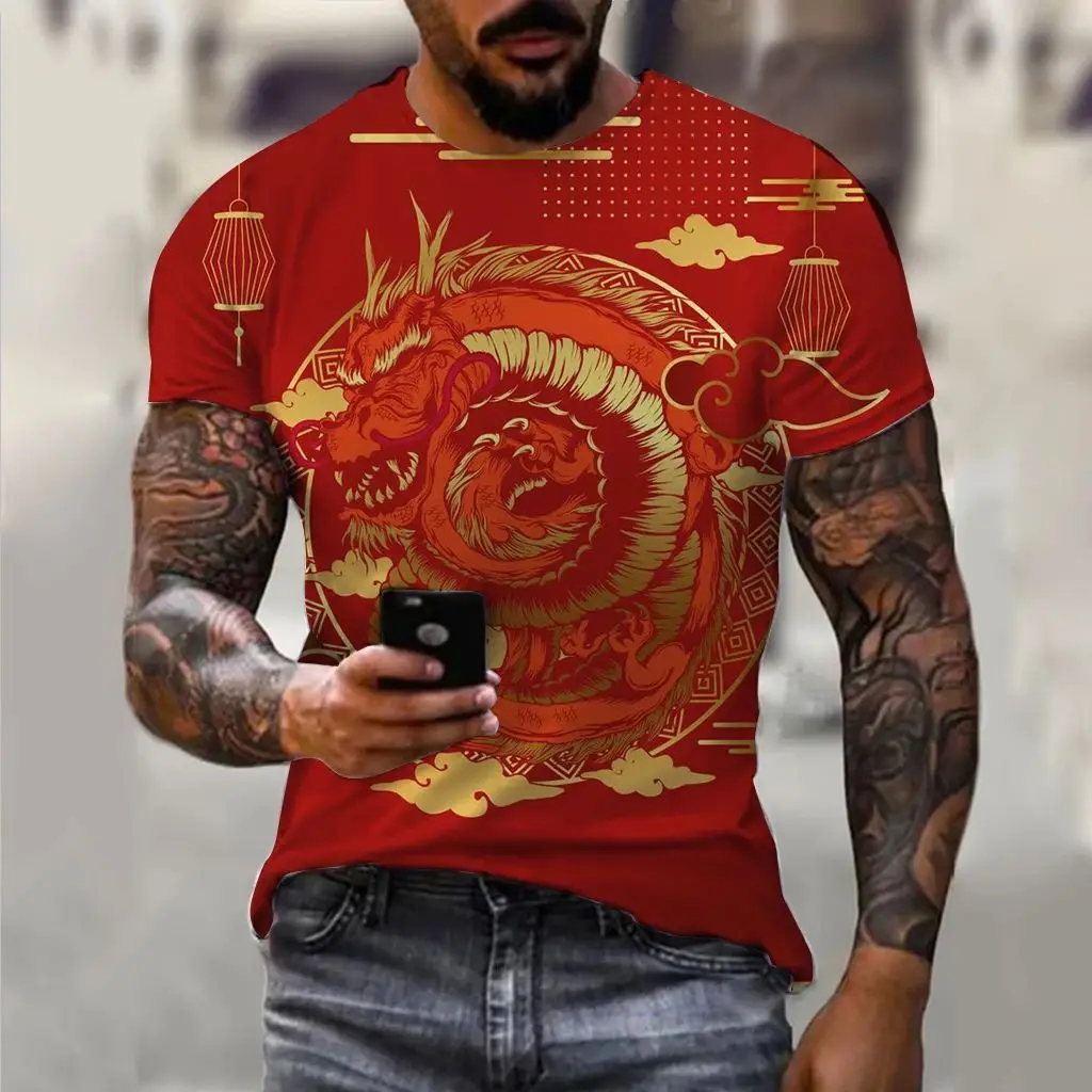 Summer Men Fun 3d Printed Dragon Pattern Casual Street Personality Creative O Collar Short Sleeve Baggy Plus Size Fashion Top