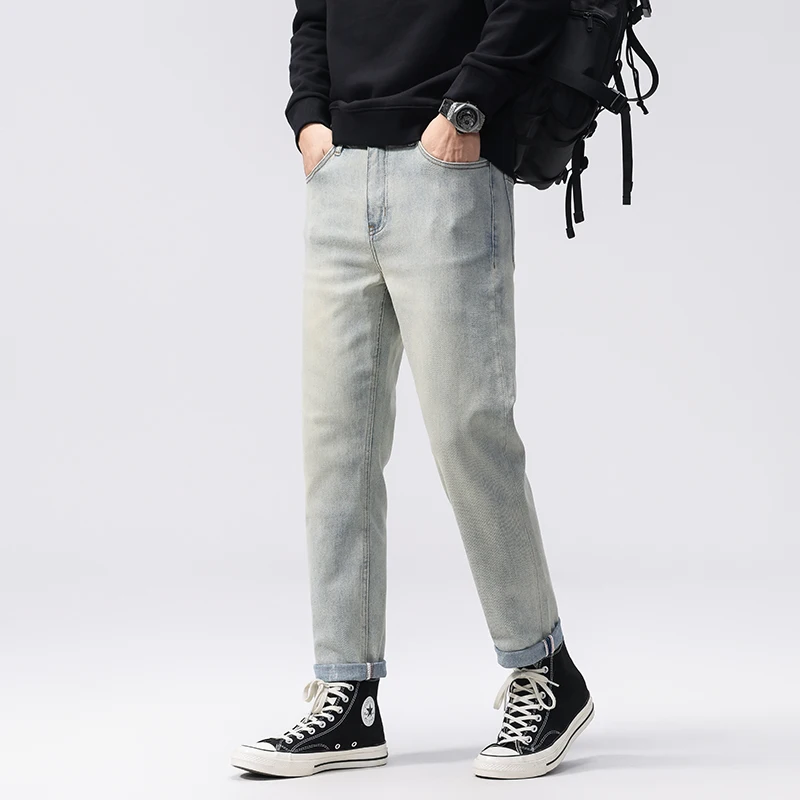2025 ฤดูใบไม้ร่วงอเมริกันRetroซีเมนต์สีเหลืองDENIMกางเกงยีนส์ผู้ชายเกาหลีสไตล์อินเทรนด์ยืดเรียวตรงกางเกง