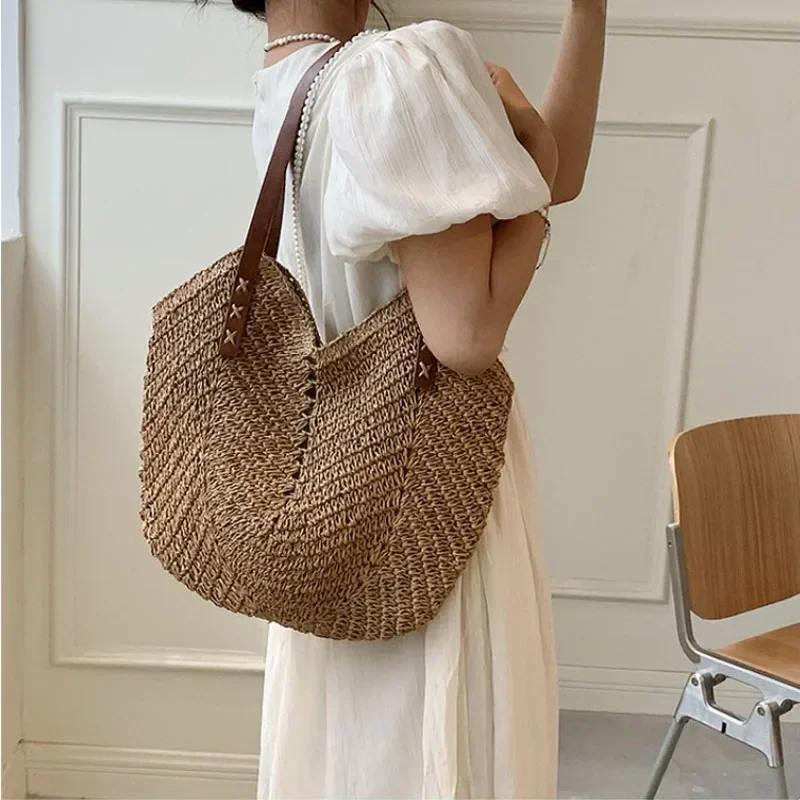 Summer Straw Bags for Women Straw Shoulder Bags Rattan Woven Top Handle Bag Hollow Raffia Crochet Beach Bag Casual Handbags 2024