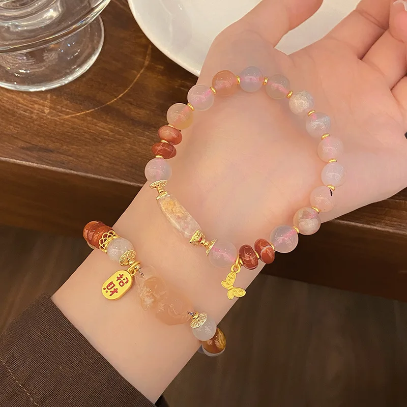 Fairy Style Sweet Fresh Mori Pink Floral Agate Light Luxury Minority Design Cat Bracelet