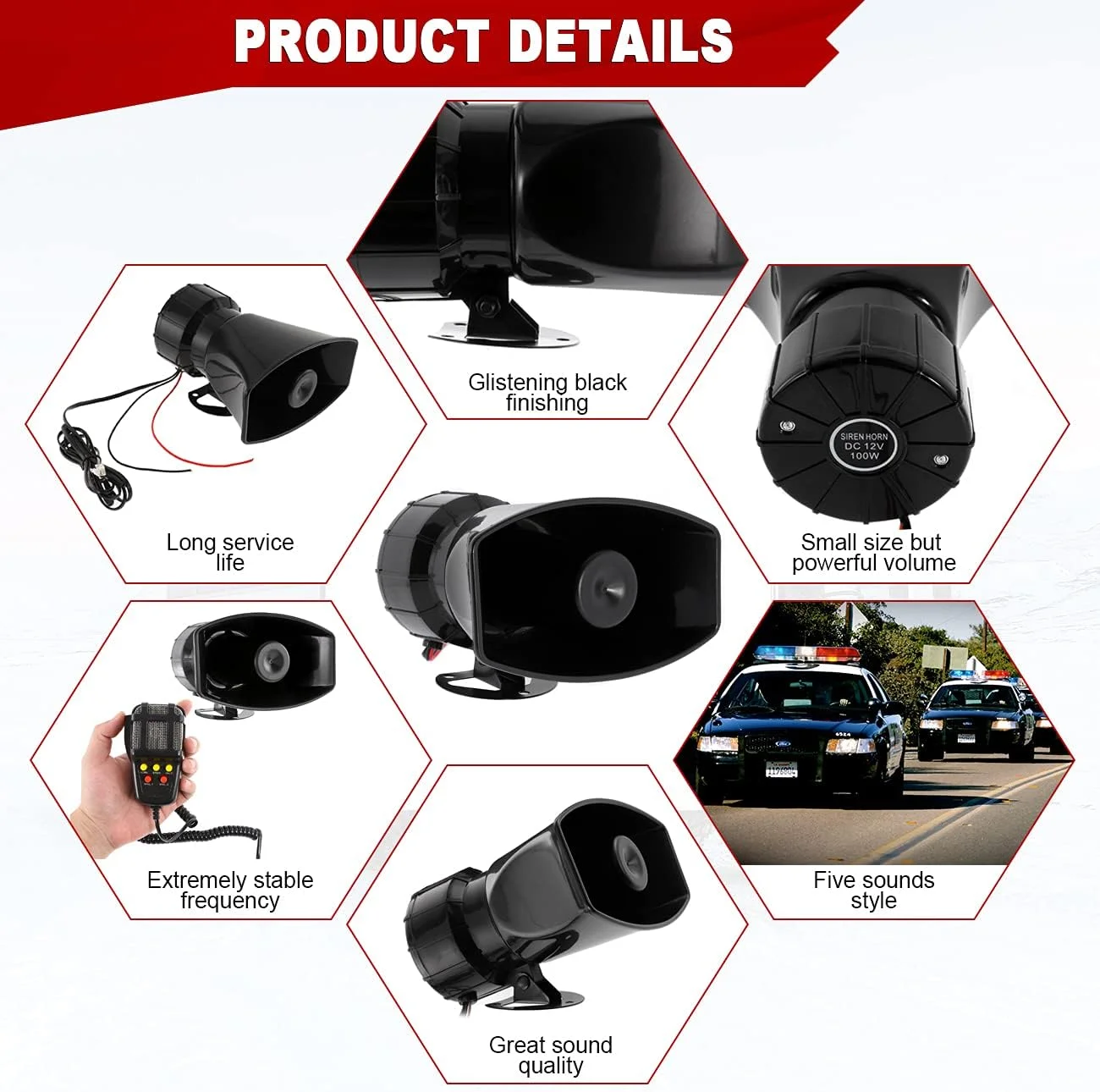 

Car Siren Horn 100 Watt 5-Tone 7-Tone Siren Horn With Microphone PA Speaker System Universal Suitable For Cars, Trucks, Truck
