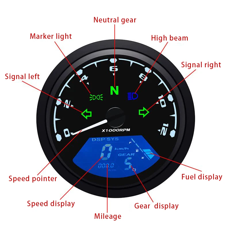 HD Digital Motorcycle Gauge Panel Speedometer 0-199MPH KM/H ODO Tachometer 12000RPM with Gear Indicator Alarm Light Display 12V