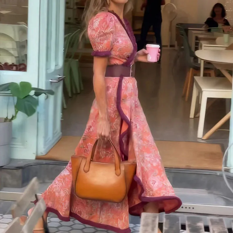 فستان نسائي صيفي طويل أنيق من Boho فستان صيفي بوهيمي مطبوع عليه زهور للشاطئ بأكمام قصيرة فساتين ماكسي للحفلات غير رسمية #3