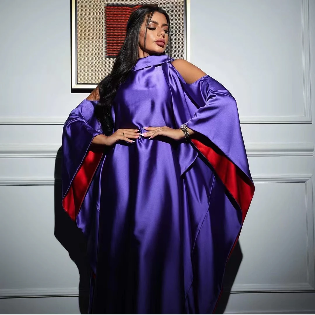 

AsaNagi Purple Satin Evening Dresses O Neck Off Shoulder Flare Sleeves Floor-Length Women Simple Party Dress 2023 فساتين الحفلات