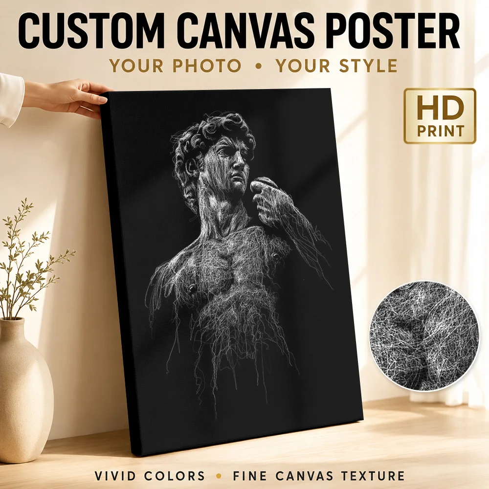 Michelangelo David Statue Line Art - Modern Renaissance Framed Canvas Print Poster Custom Contemporary Wall Art for Office Decor