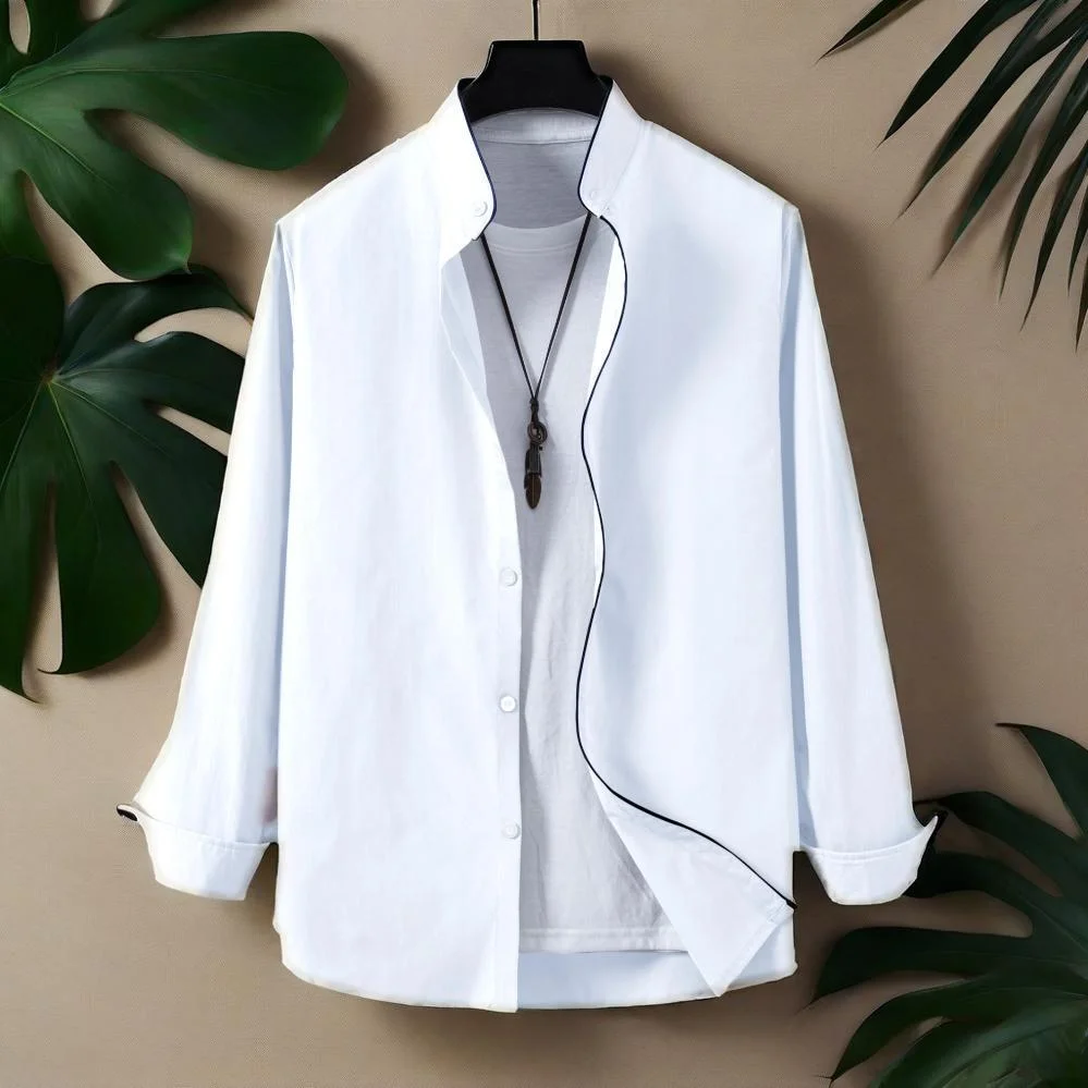 

Spring and autumn men's solid color casual fashion stand collar long sleeve slim shirt