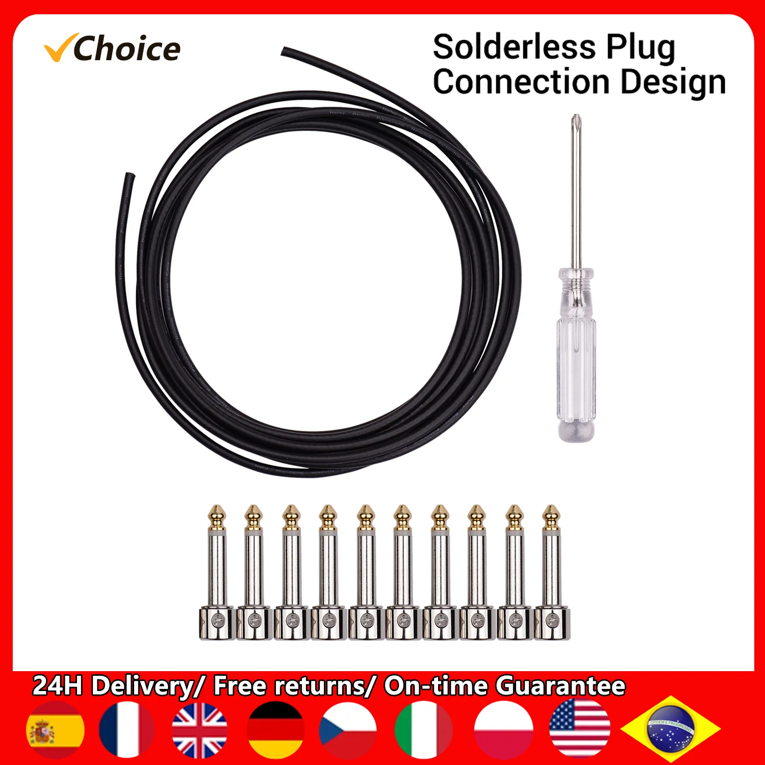 Professional Solderless Patch Cable Kit DIY Guitar Pedal Board Cable Cord Wire 10 Solder Free Plugs 3M Cable Mini Screwdriver