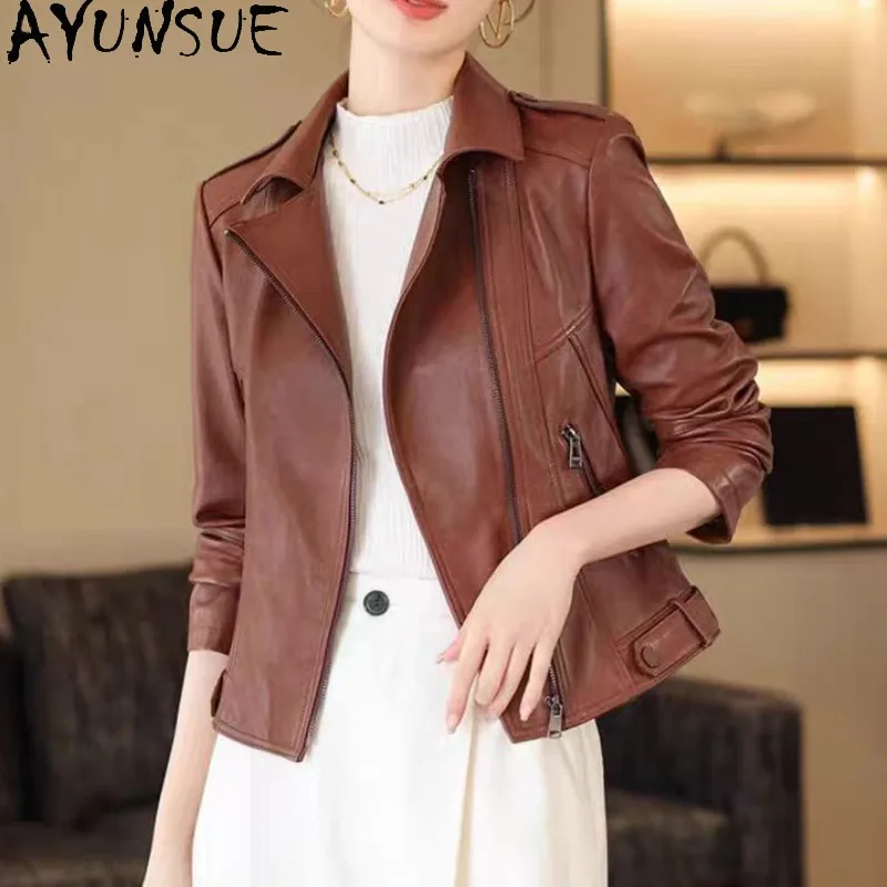 AYUNSUE Women's Real Leather Jacket Fashion Short Fitted Long Sleeve Tops Spring Autumn Motorcycle Jackets Woman Clothes Jaqueta