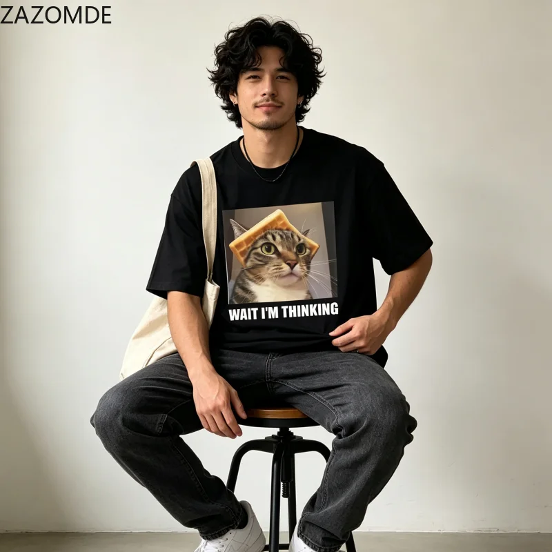 ZAZOMDE Hip Hop Loose Graphic Tshirt Wait I'm Thinking Viral Thinking Cat Picture Print Daily Street Style Unisex Tops Summer