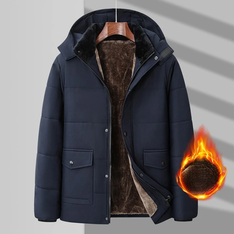 

Large Men Winter New Jacket Hooded Wool Lining Jacket Men's Cotton Pad Plus Large Thick Windbreaker Casual Plush New Minimalist