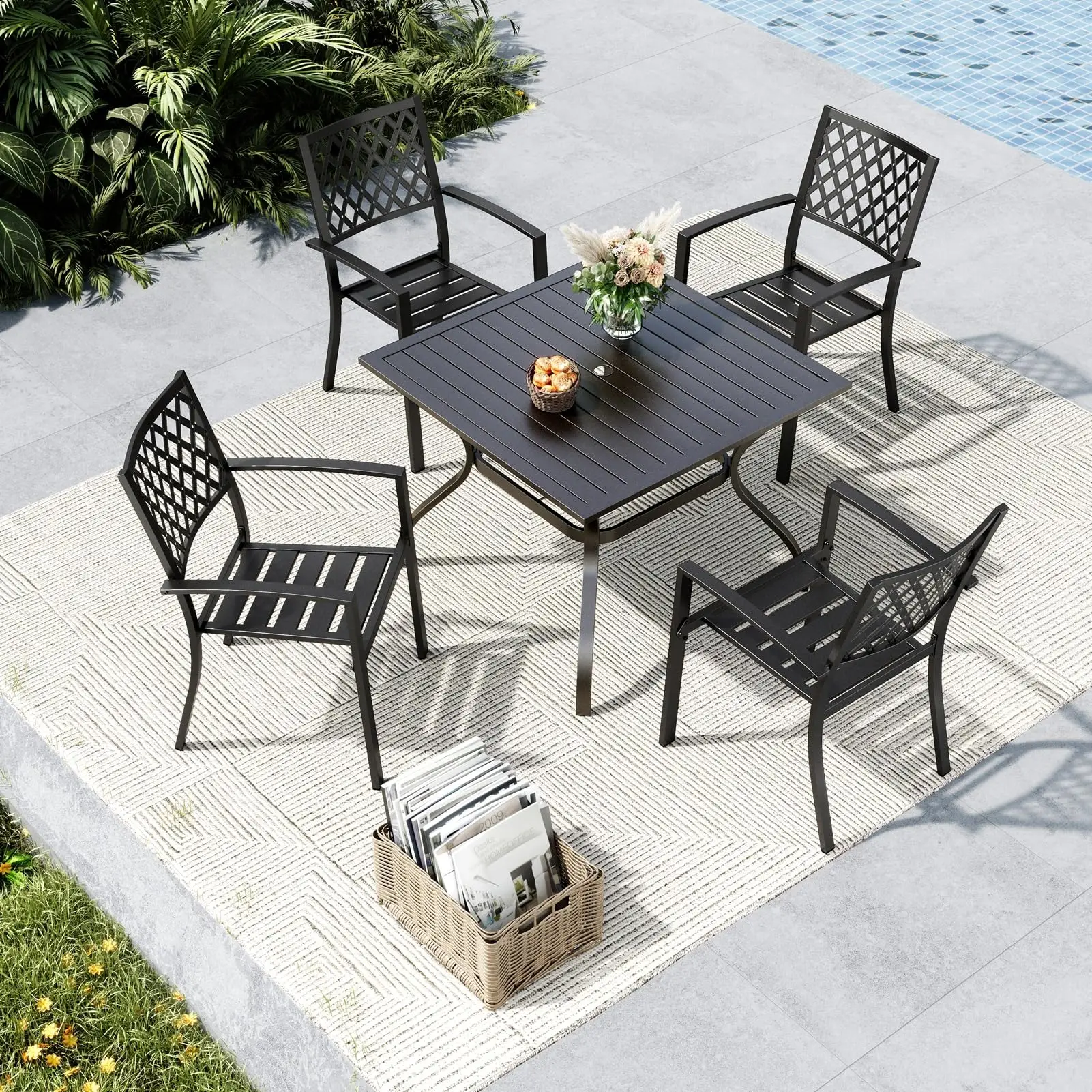 Outdoor Table and Chairs for 4 w/Umbrella Hole | Wrought Iron Outdoor Dining Set with Umbrella Hole, 5 Piece Patio