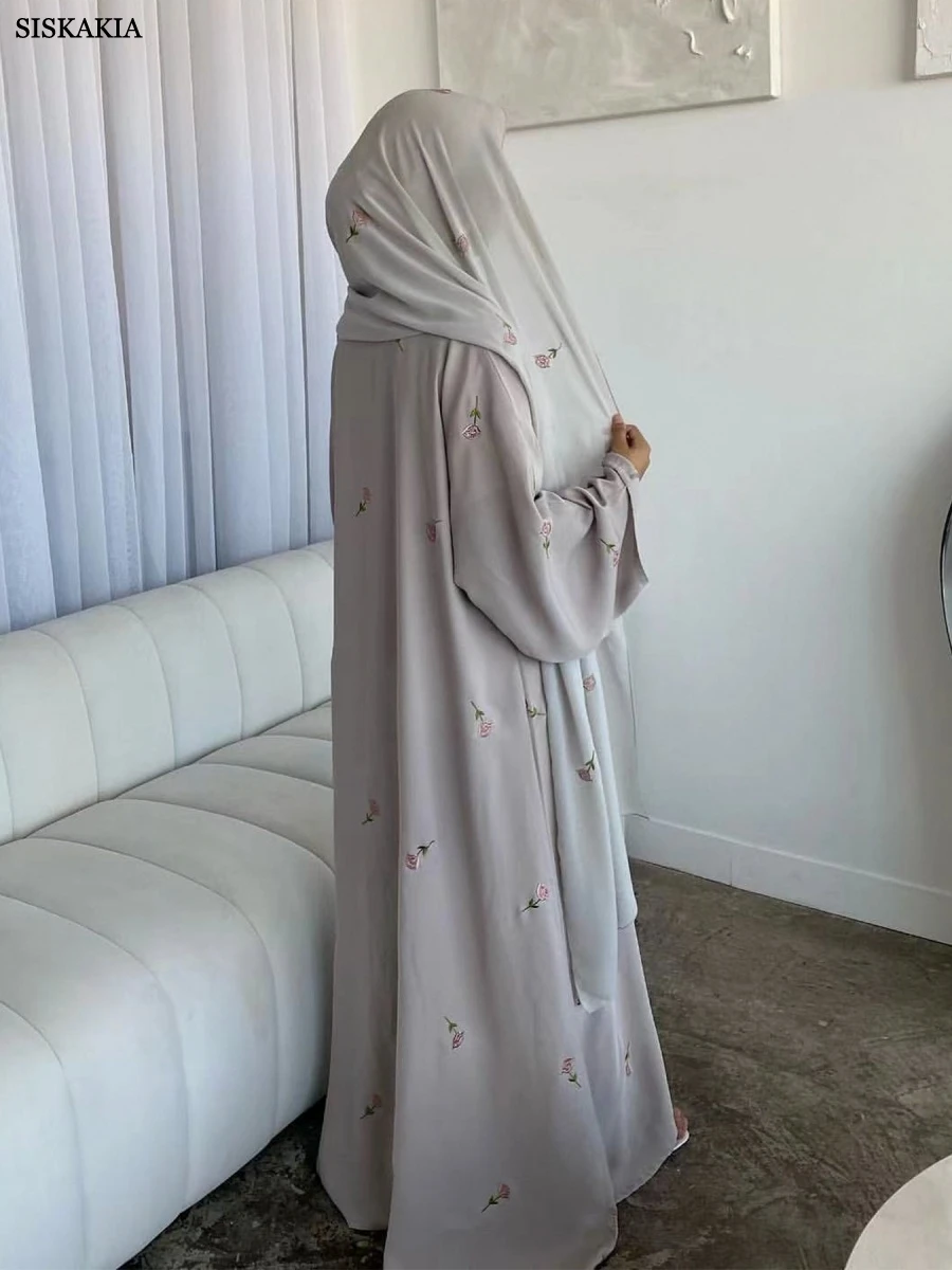 

Siskakia Muslim Floral Embroidery Open Abayas Hijab Clothing Women Dubai New Elegant Casual Cardigan