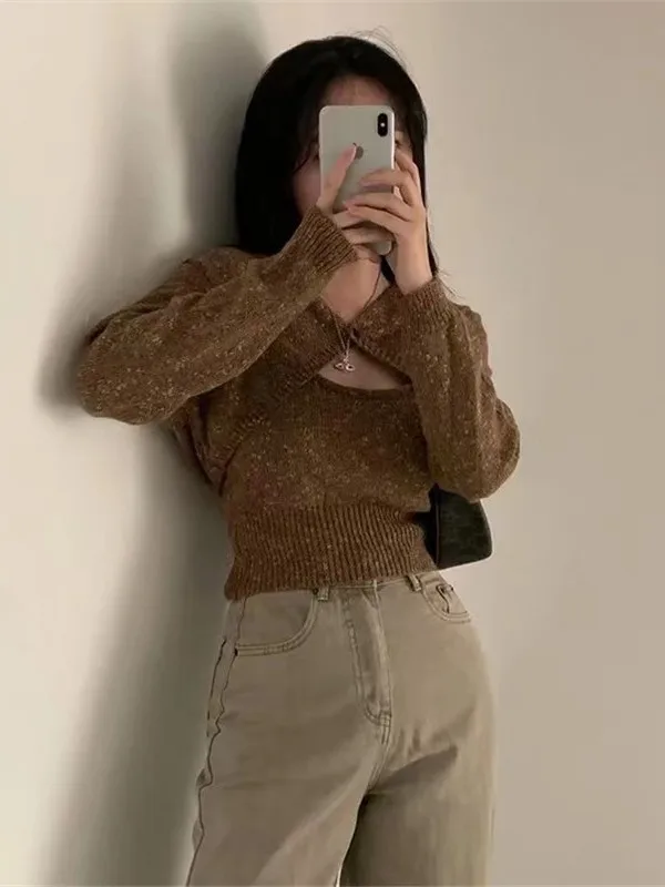 

Sexy Long Sve Knitted Sweater Women's Two-Piece Set Korean Sle Loose Fit Dyeing Proc Autumn New Arrival 2025 Design