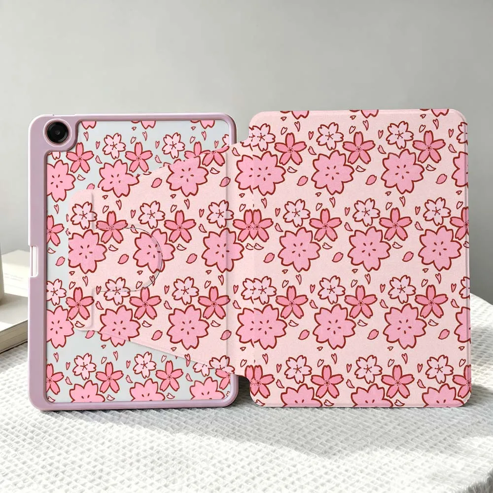 Pink Floral Design Soft For Samsung Galaxy Tab S11 S10 S9 S8 A11 FE Plus Ultra 360° Rotation Stylus Storage Tablet Case