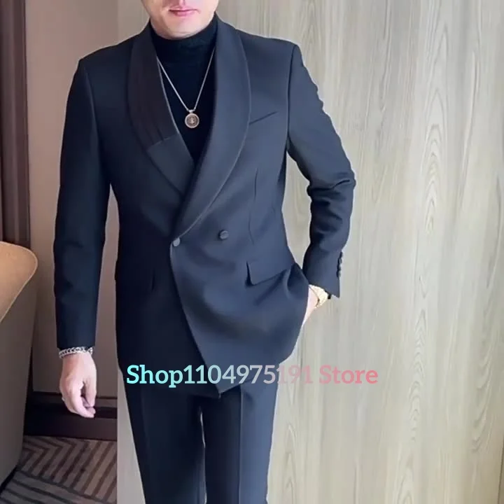 صدر مزدوج، ياقة شال، بدلة ترفيهية مرقعة، بدلة رجالية ضيقة مكونة من قطعتين. بدلة رجالية مكونة من قطعتين (سترة + بنطلون) #6