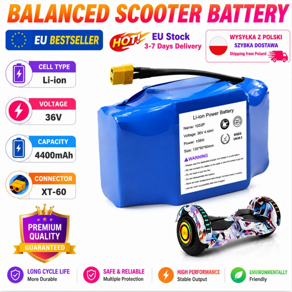 EU-Lagerbestand Polen, Lieferung in 3-7 Tagen, 36V 4.4Ah 4400mAh 10S2P 18650 Lithium-Ionen-Akku-Pack, wiederaufladbarer Ersatzakku für elektrische selbstbalancierende Scooter und Hoverboards