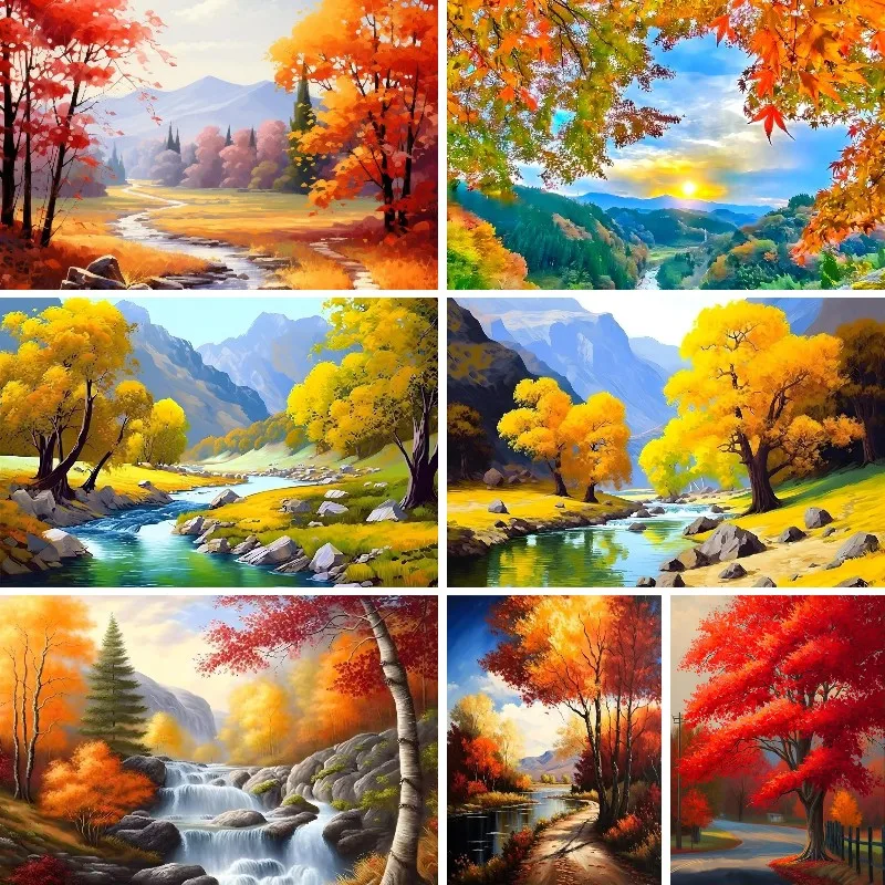 5d Diy Diamond Painting Fall Tree Scenery Full Square Round Diamond Embroidery Sale Autumn Mountain Stream Landscape Mosaic Art