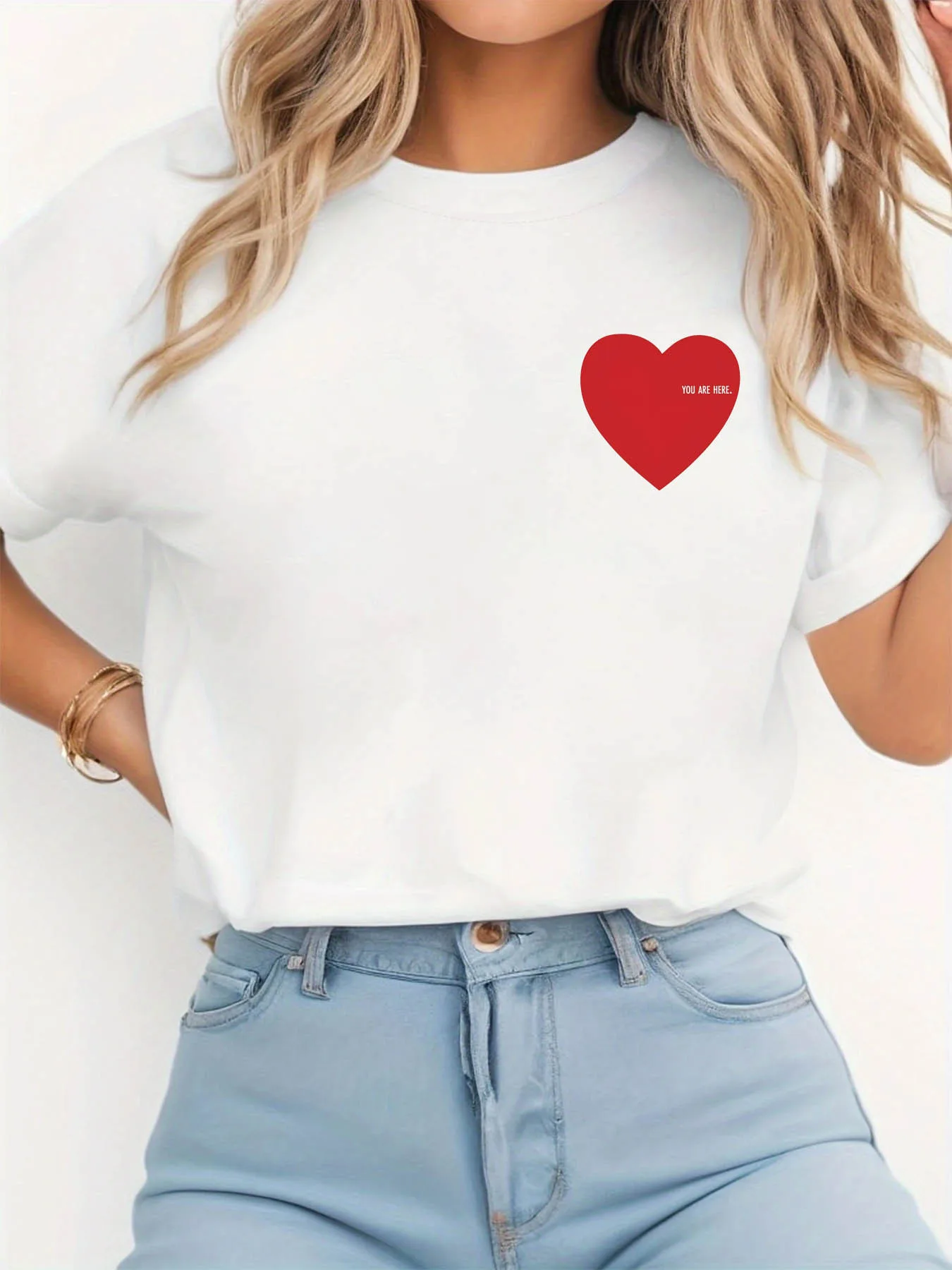 

Women's casual short sleeved round neck T-shirt with red heart and Be Mine pattern printed daily women's T-shirt
