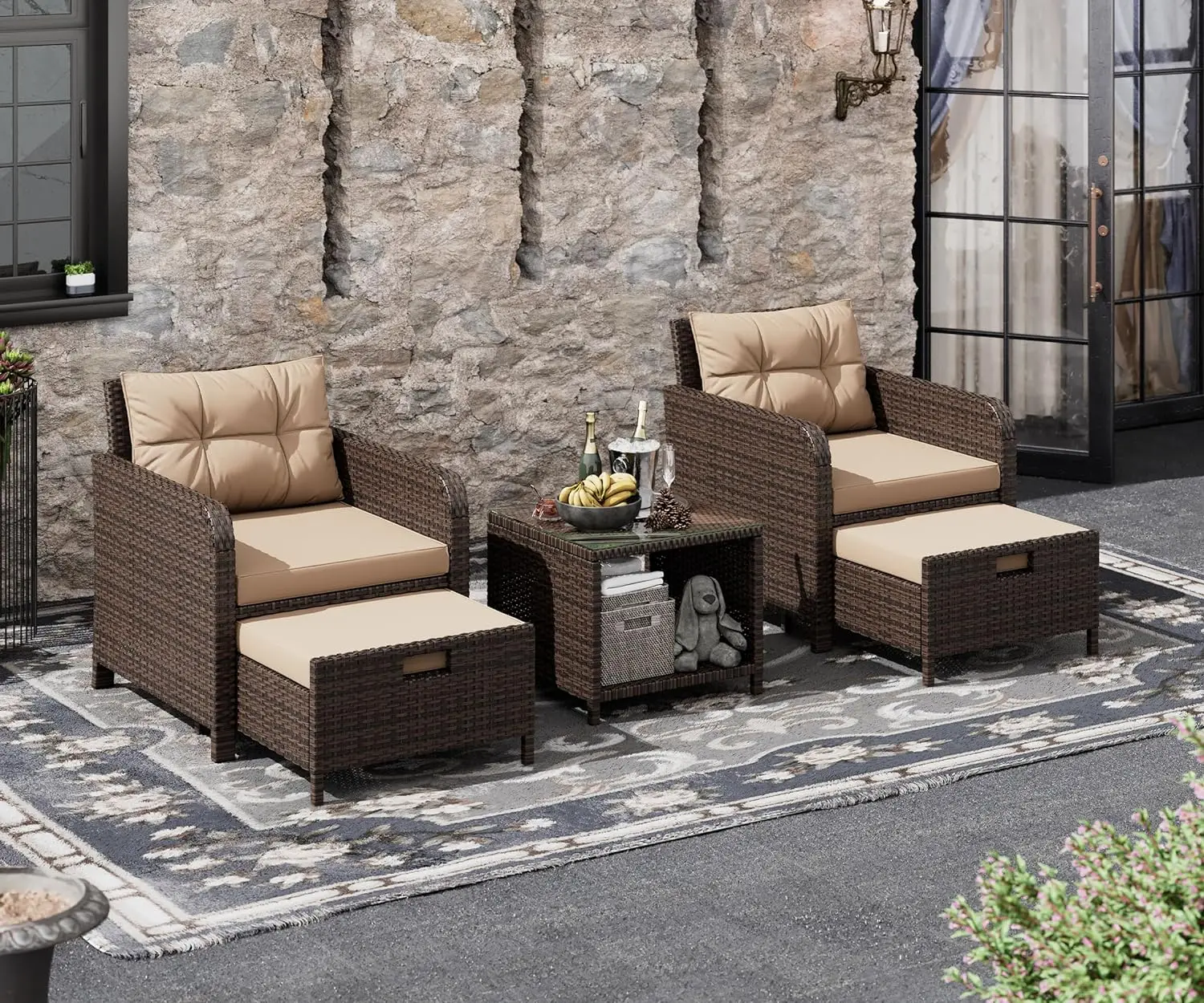 

Garden Furniture Set 5 Piece, Wicker Rattan Lounge Chairs with Soft Cushions 2 Ottoman&Glass Table, Patio Conversation Set