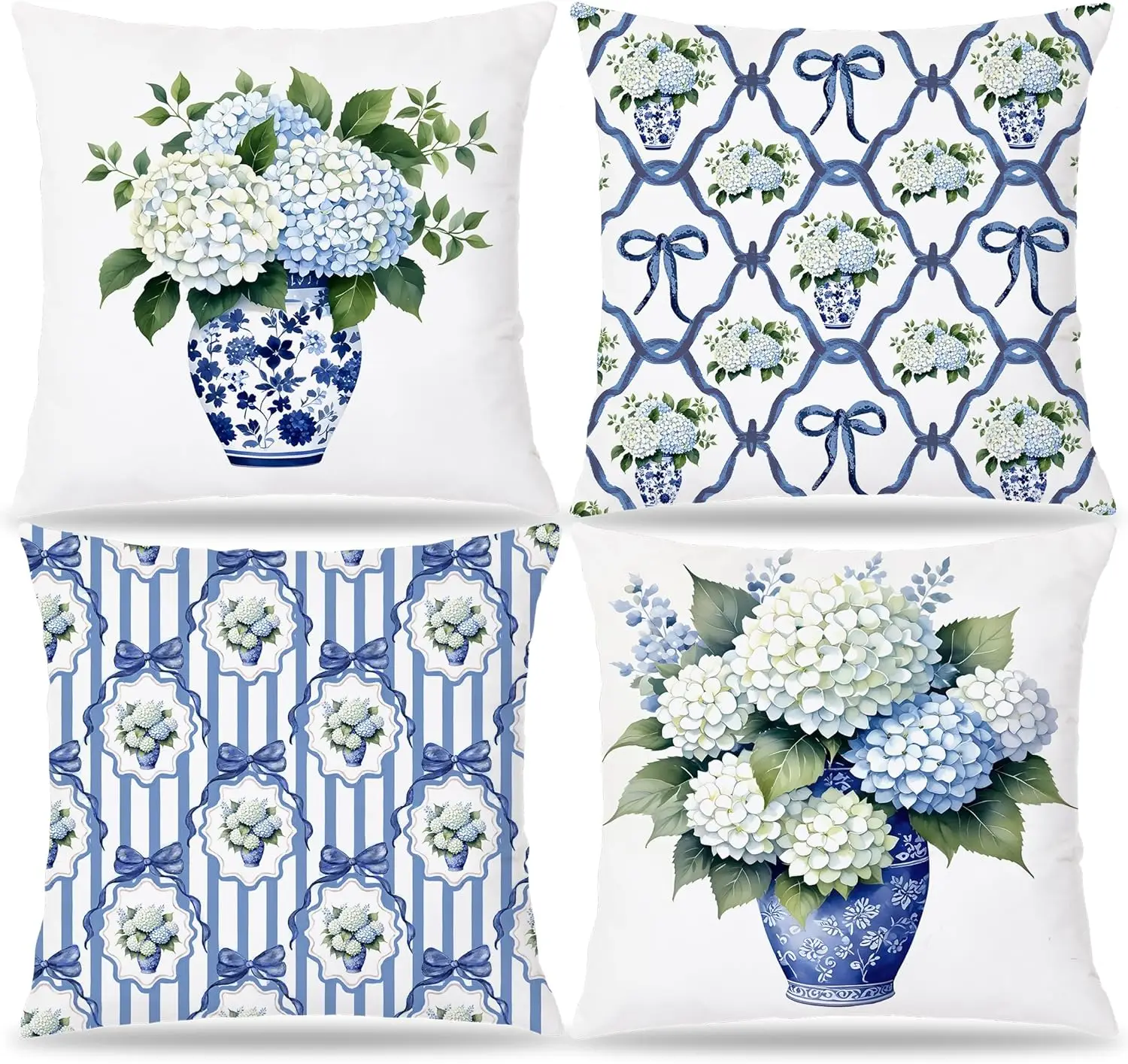 4Pcs Chinoiserie Hydrangea Throw Pillow Covers,Blue and White Vase and Bow Cushion Cases for Living Room Bedroom Sofa Home Decor