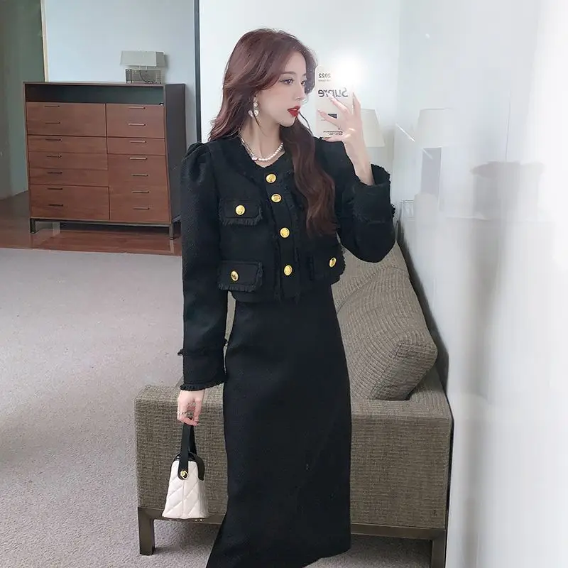 

Женская короткая куртка с кисточками для похудения, прямая длинная юбка с высокой талией, милый осенний новый элегантный комплект из двух предметов