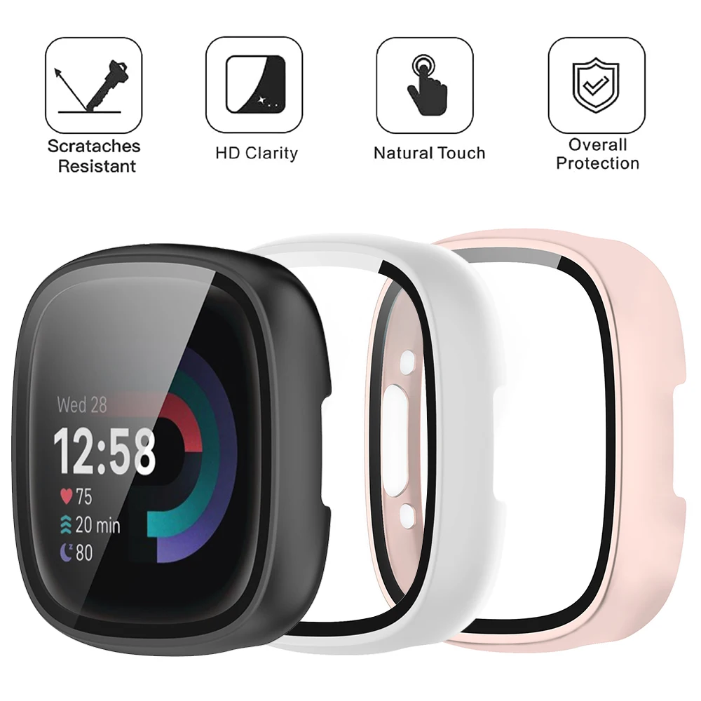 Screen Protector for Fitbit Versa 4 Case Hard PC Bumpe Protective Tempered Glass All-Around for Fitbit Sense 2 Full Cover Bumper