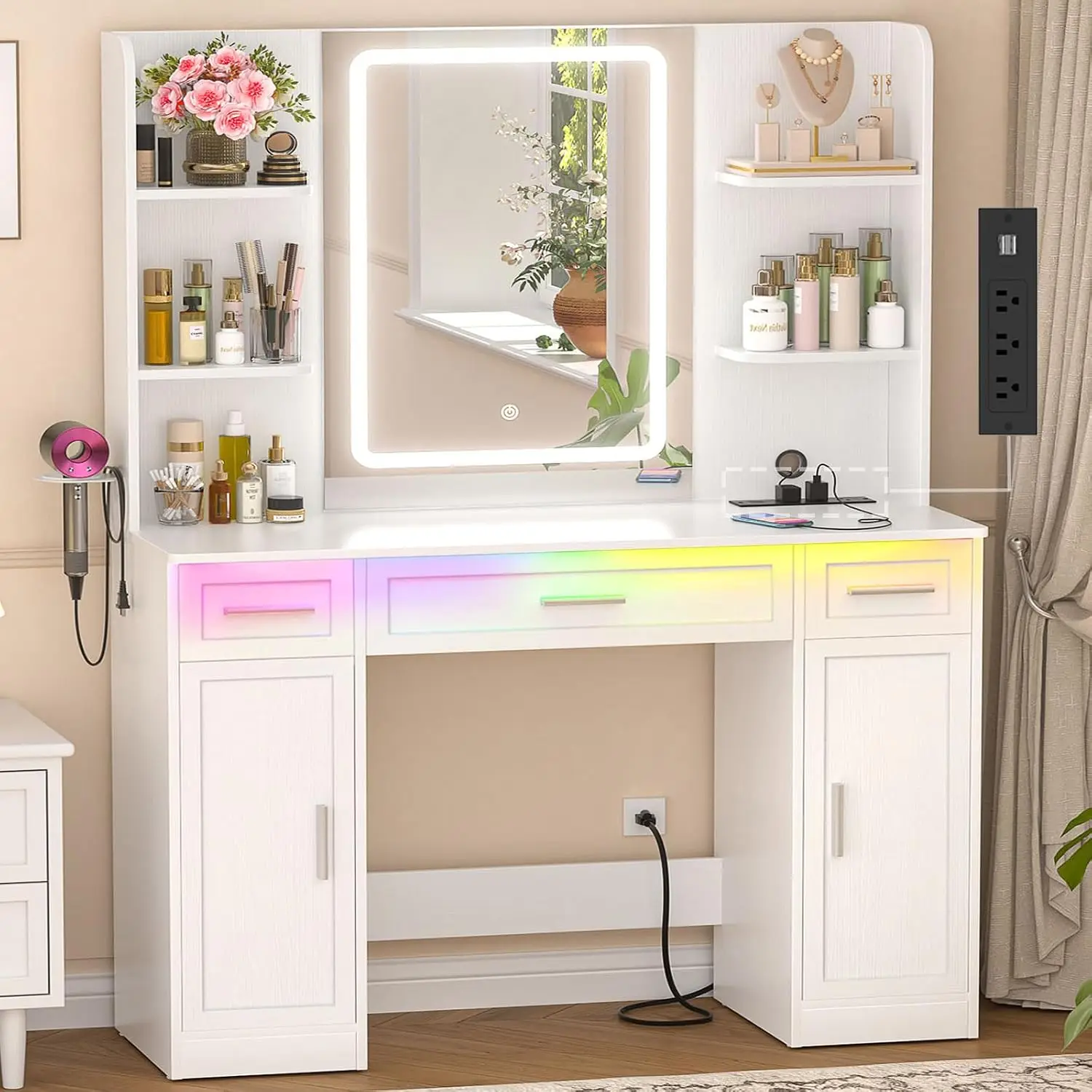 White Vanity Desk with Lighted Mirror & Drawers, Bedroom Dressing Table 41.3