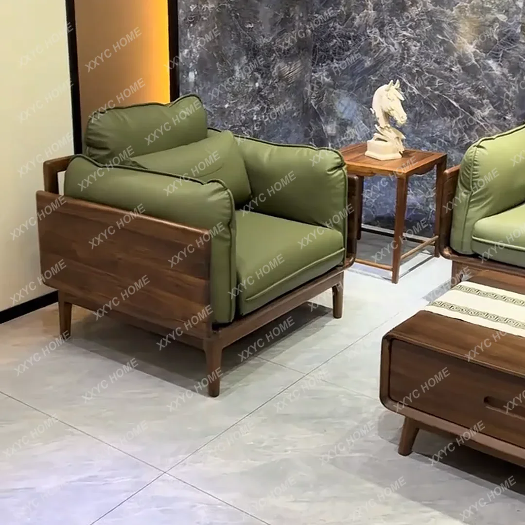 

black walnut solid wood leather sofa modern minimalist art large straight row sofa