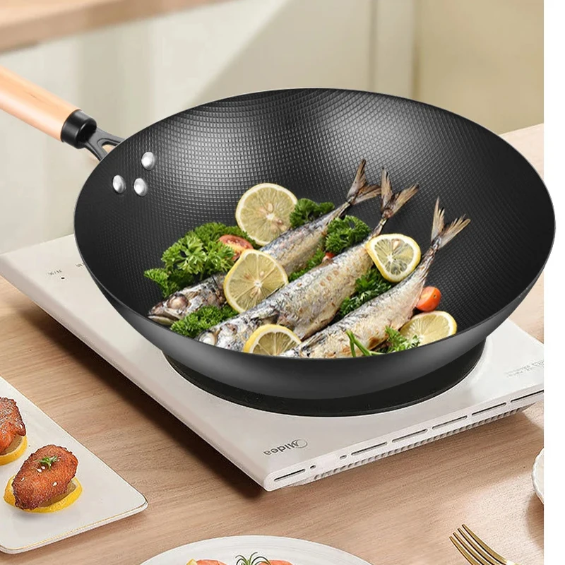 Eisen topf Wok unbeschichtet Antihaft verschleiß fest Haushalts küche Gastopf Kochgeschirr Holzgriff Bratpfanne Gusseisen Topf 12.6"