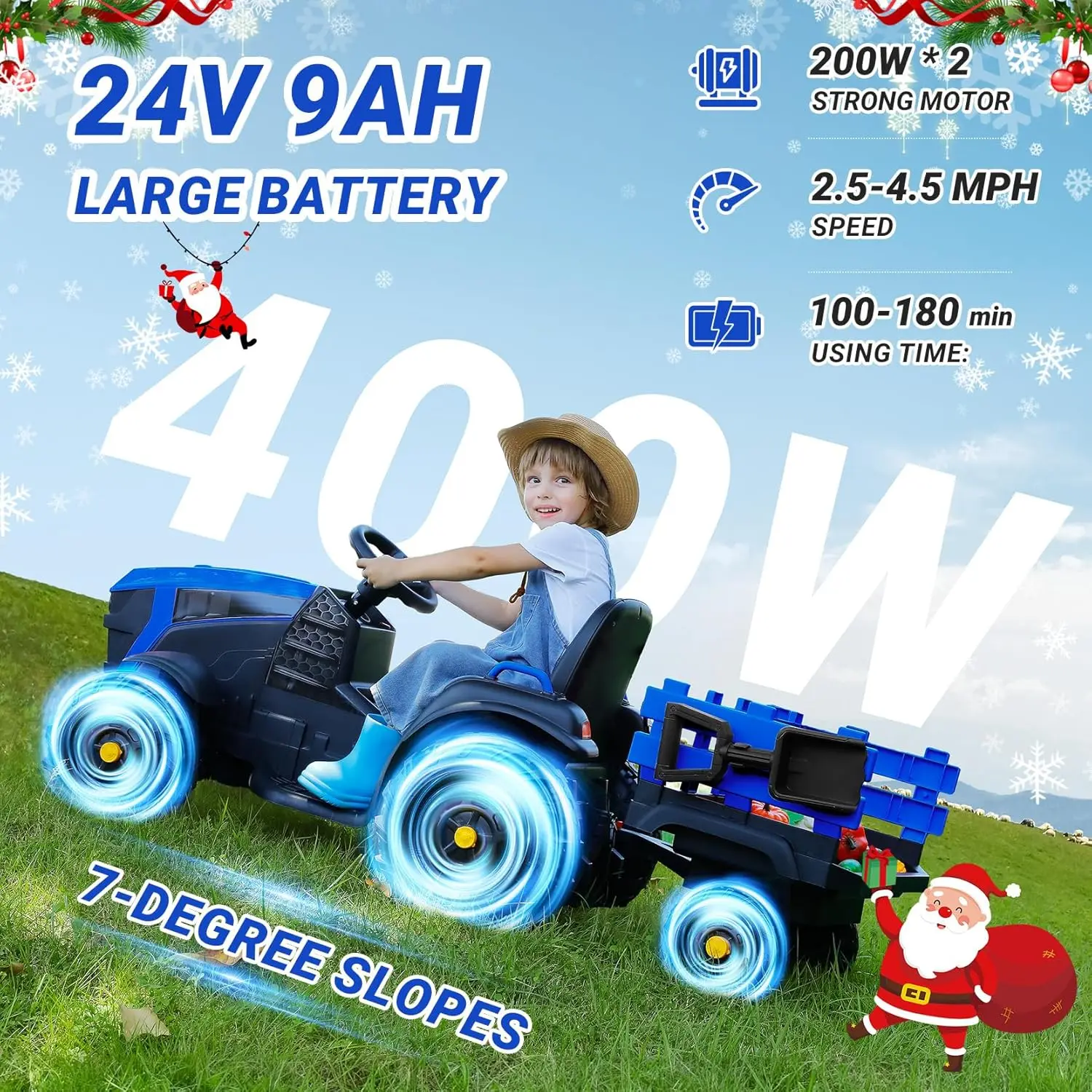 24V 9AH Ride on Tractor with Easy Detachable Trailer, 24V Ride on Toys for Big Kids, 400W Electric Vehicles Ride