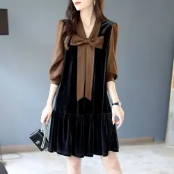 Spring Autumn Scarf Collar Bow Dresses Fashion Contrasting Colors Spliced Women's Clothing Commute Long Sleeve A-Line Midi Dress