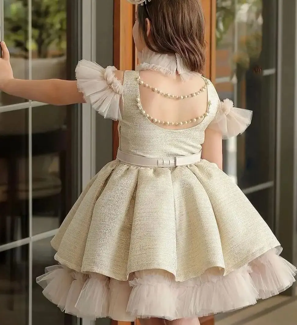 Lovely Flower Girl Dresses for Wedding High-Neck Ruffles Knee Length First Communion Kids Birthday Party Gown Party Dress