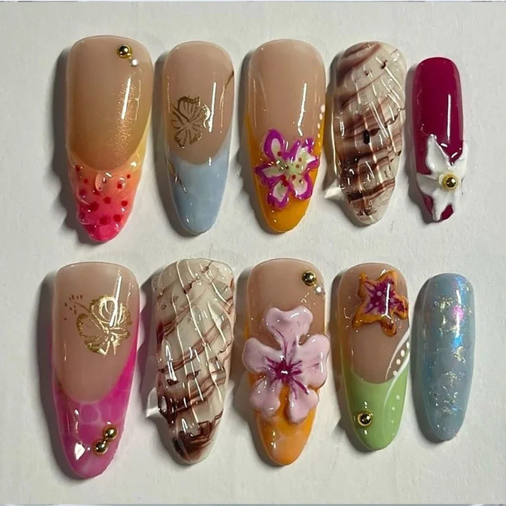 10Pcs Pure Handmade High Quality Almond Press On Nails Art Party Sticker 3D Flower Shell French Heart Diamond Fake Nails
