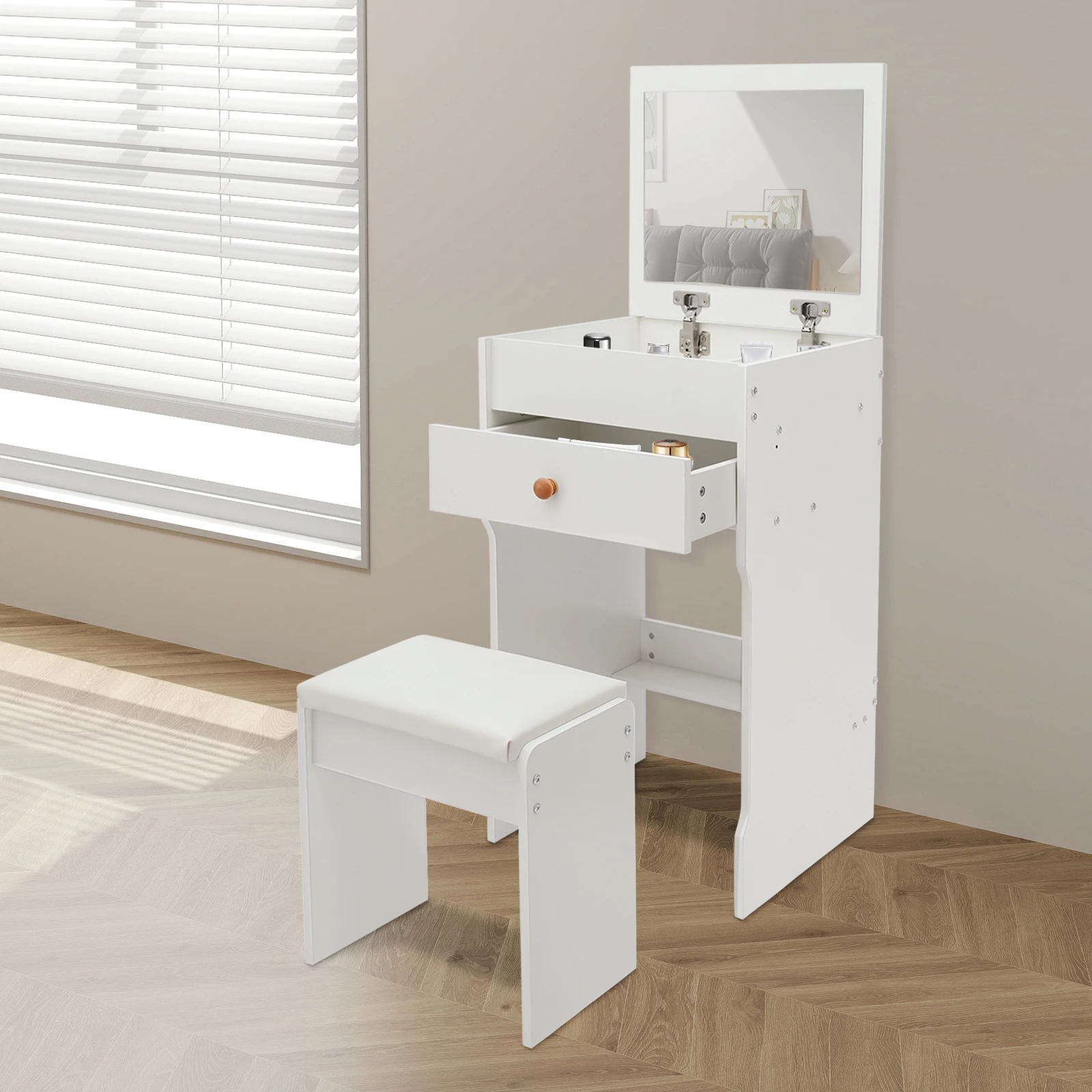 Vanity Table with Stool, Compact Makeup Desk with Drawer & Flip-Open Mirror, Space-Saving Bedside Nightstand for Bedroom, Modern Dressing Table with Storage, Easy Clean, High Load 90kg
