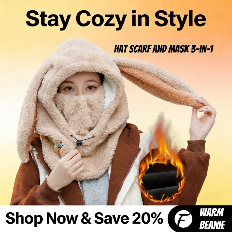 1pc Winter Warme Ski Beanie Hut für Frauen, Abdeckung Bequeme Weiche Fleece Skifahren Kappe Schal Wärmer Cartoon Niedlichen Kaninchen ohr Abdeckung Hut