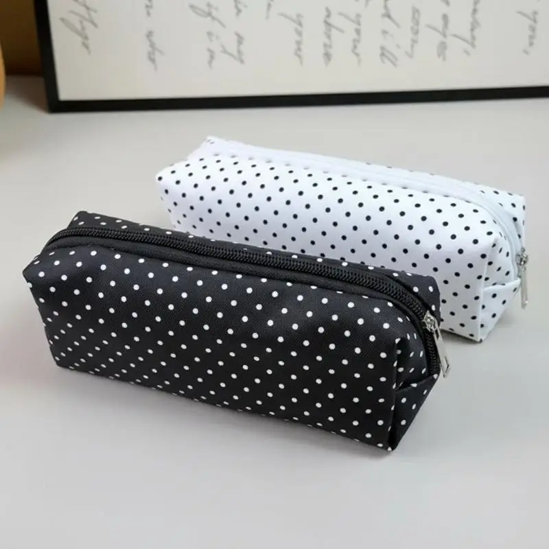 Polka Dot Multi-Purpose Pencil Case Large Capacity Canvas Zipper Pouch Portable Stationery Makeup Travel Organizer
