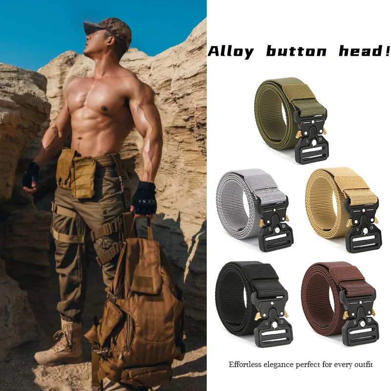 Men's Tactical Belt Alloy Metal Button Head, Durable Nylon Belt Body, Middle and Youth Belt for Student Military Training