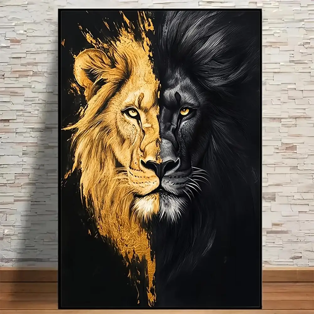 Luxury Gold Foil & Black Lion Noble Wild Animal Decor  Poster Sticker Stylish Home Gift for Living Room Bedroom Corridor Cafe