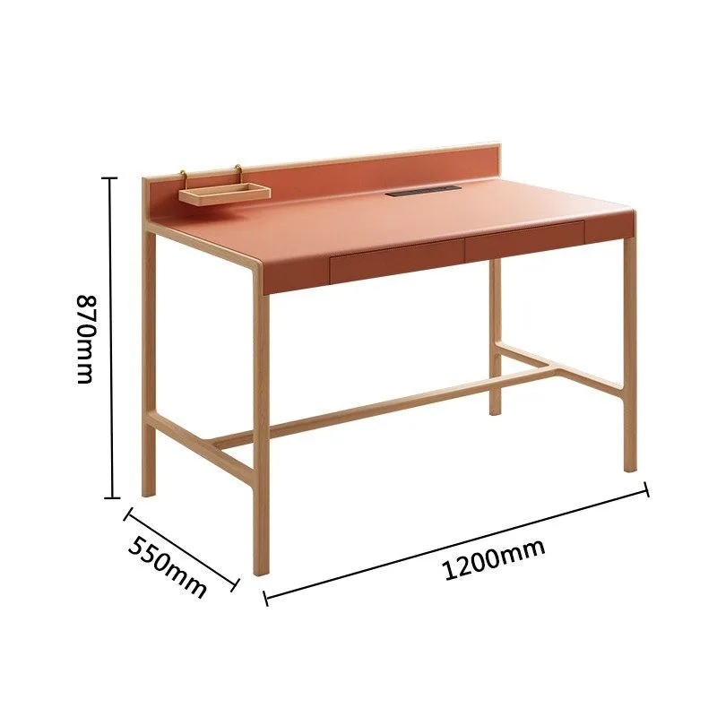 Simple home computer desk, study light luxury high-end ash wood desk, double drawer saddle leather office computer desk