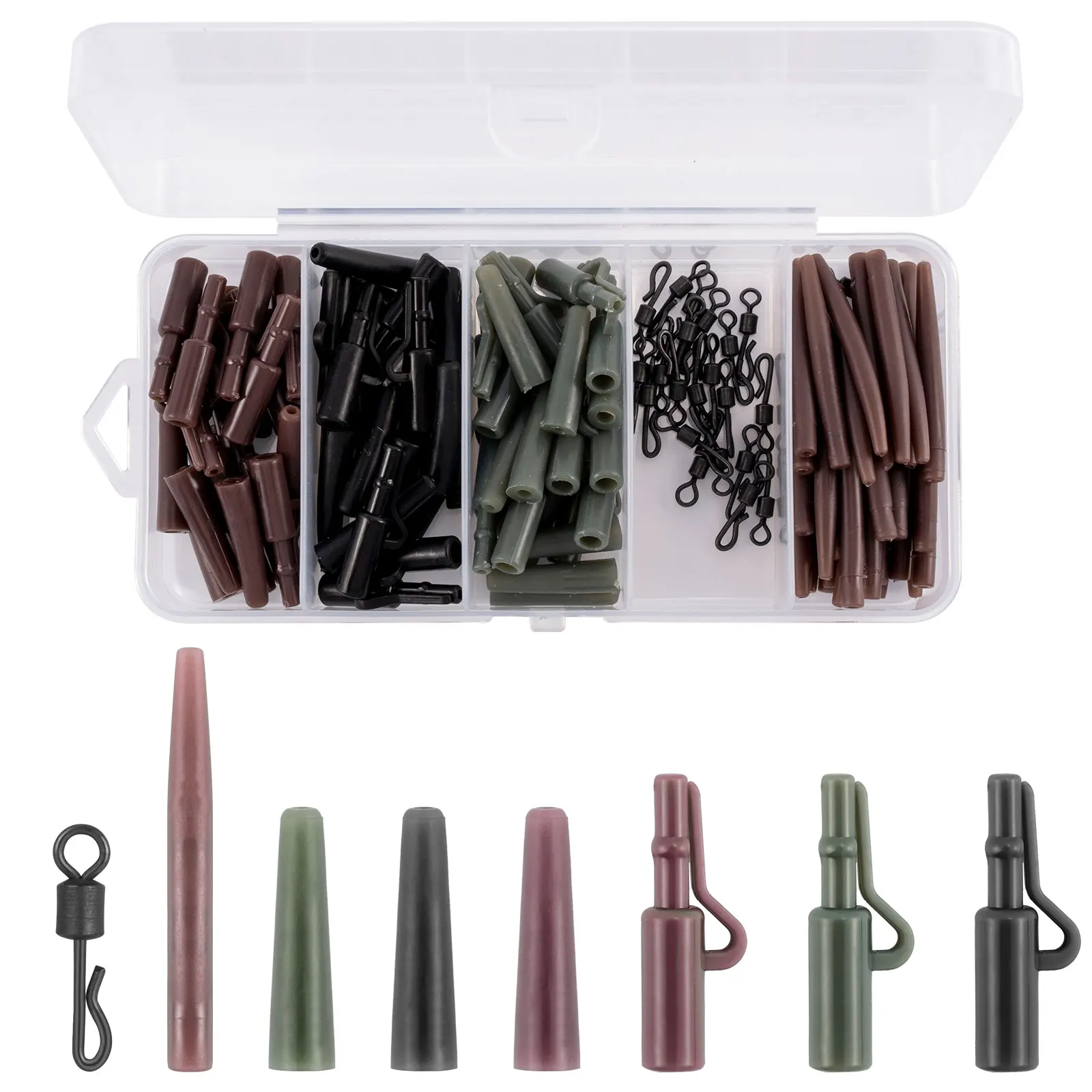 Carp Fishing Tackle Box Kit,Carp Fishing Rig,Safety Clips,Quick Change Swivels,Tail Rubber,Anti-Tangle Sleeves,120Pcs