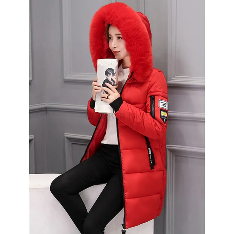2025 Winter Warm Fur Collar Hooded Women Parka Fashion Comfortable Zipper Long Jacket Elegant Slim Thick Female Coats