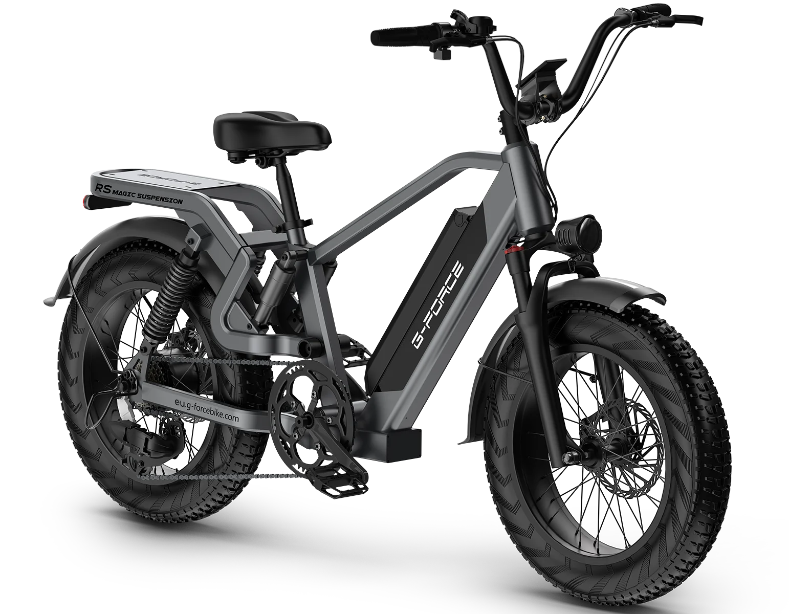 Vélo électrique G-FORCE RS Premium, moteur 750W, batterie 48V 15Ah, pneus larges de 20 pouces, système de suspension avant réglable
