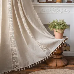 American vintage farmhouse curtain Bohemian imitation linen hollow crochet pure hand sewn semi-transparent fringe curtain 1PC