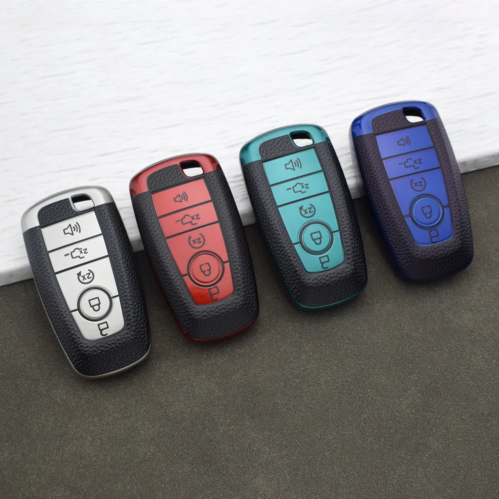 4/5 Buttons TPU Leather Car Key Protective Case for Ford Escape Explorer F150 F250 F350 F450 F550 Fusion Mustang Raptor Keychain