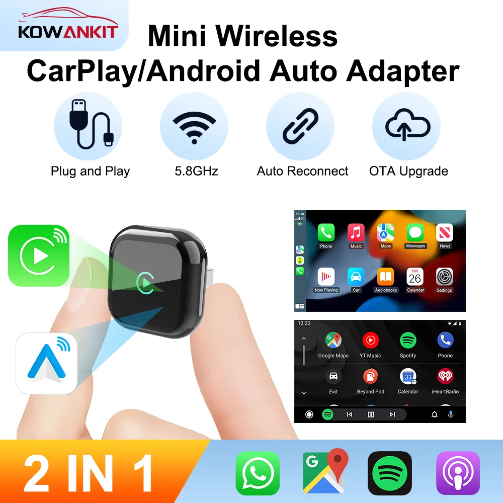 

Беспроводной адаптер KowanKit CarPlay Android 2026: Новейший умный автомобильный адаптер Plug & Play с устойчивым подключением по Bluetooth и Wi-Fi, обновление OTA, совместимость с 99% автомобилей