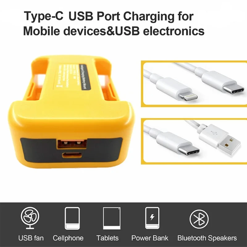 USB Charger Adapter for Dewalt 18V 20V Lithitum Battery Portable Type-C Port Fast Charging Battery Storage Rack Holder Case