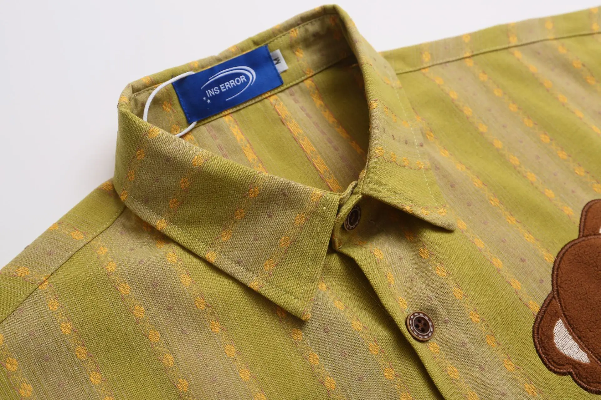 2025 Early Autumn Japanese Retro Fun Cute Bear Embroidery Green Striped Loose Long Sleeve Shirt Top Womens Tops