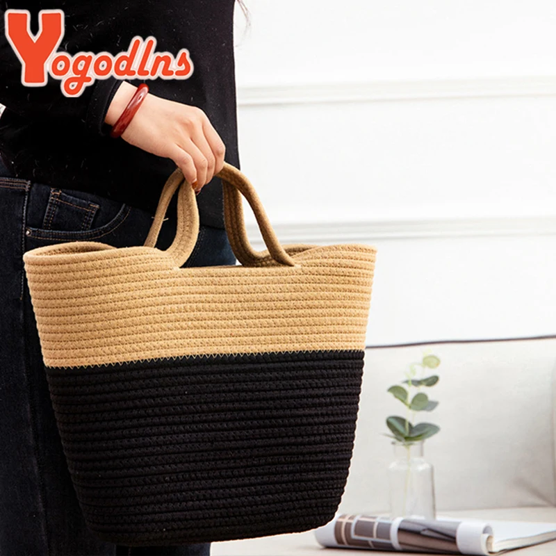 Yogodlns Summer Woven Straw Handbag Women Contrast Color Cotton Rope Beach Bag Travel Large Capacity Tote Shopping Handle Bags